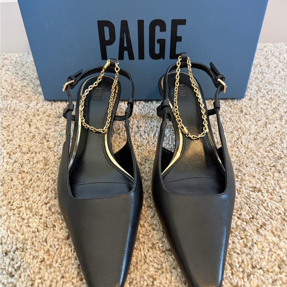 Nordstrom PAIGE Black Pointed Slingback Heels with Gold Chain